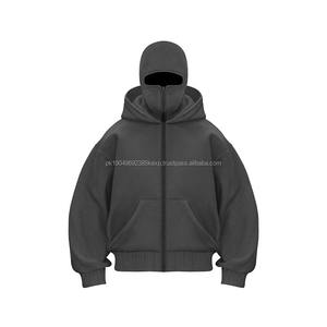 Heavyweight Hooded Streetwear Sweatshirt Custom logo Balaclava Full Zipper Double Hood Solid Outwear Vintage <b>Zip</b> <b>up</b> <b>Hoodie</b> Men - Product Image 2