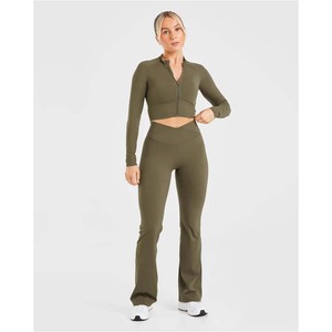 Mock Neck Jumpsuit Womens Thumbholes Front Zipper <b>Bell</b> Bottom Flare Long Sleeve Slim Fit Yoga Gym Custom Jumpsuit For Tall Women - Product Image 3