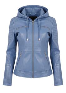 Women's Blue Hooded Moto <b>Jacket</b> with Full Zip and Pockets Regular Sleeves Windproof Unlined and Slim Fit - Product Image 3