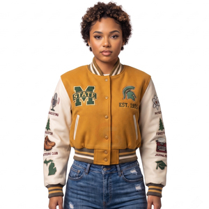 Baseball <b>high</b> quality <b>top</b> Custom Design Logo Varsity Jackets Baseball Jackets <b>Leather</b> Sleeve Women's Jackets Lady Crop Jackets - Product Image 6
