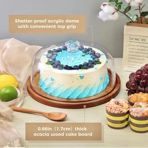 Support à gâteau jetable en bois d'acacia avec couvercle en verre, présentoir rond pour desserts, pâtisseries et décorations - Product Image 3