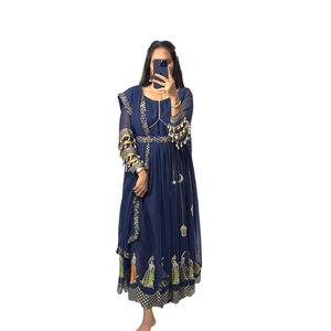 DISEÑADOR GEORGETTE BORDADO SECUENCIA TRABAJO ALIA VESTIDO CORTADO CON DUPATTA AZUL MARINO - Product Image 1