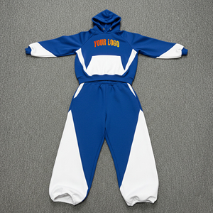Ensemble sweat à capuche streetwear homme bleu et blanc color block, décontracté, pour l'hiver, 100% coton FRENCH TERRY, respirant, tricoté - Product Image 4
