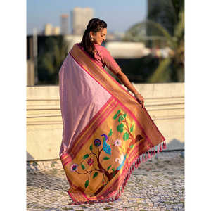 Sari traditionnel pour femme en soie douce lavande Paithani tissé Zari, protection solaire, vêtements indiens et pakistanais par Elite Weaves 650g - Product Image 4