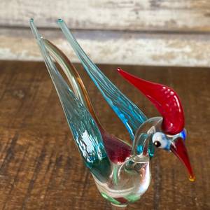 Handblown Lampworking Glass Bird Figurine with Red Crest and Blue Wings Easter Animal Sculpture Collectible - Product Image 1