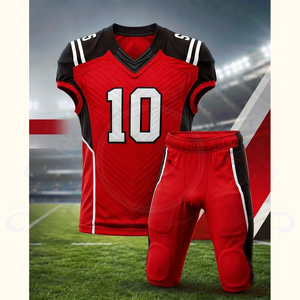 Ensemble d'uniformes de football américain pour hommes, rouge et noir, sans manches, col en V, évacuation de l'humidité, numéros d'équipe sublimés 10, taille élastique en maille - Product Image 3