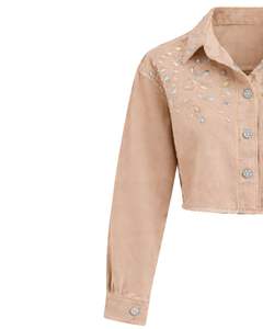 Chaqueta Vaquera Corta Beige Personalizada para Mujer con Adornos de Diamantes de Imitación en los Hombros, Botones y Manga Larga, Estilo Casual y Moderno - Product Image 5