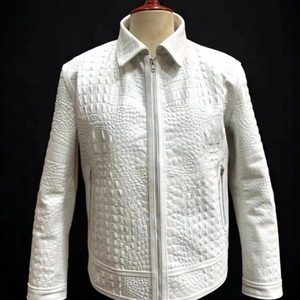 Premium <b>White</b> Croco Embossed Genuine Leather Motorcycle <b>Biker</b> <b>Jacket</b> Custom Mens Fashion Outerwear Stand Breathable Winter - Product Image 1