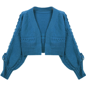 Cardigan tricoté le plus vendu, col en V, manches chauve-souris, couleur unie, décontracté, longueur courte, pull à points ouverts avec poches pour femme - Product Image 2