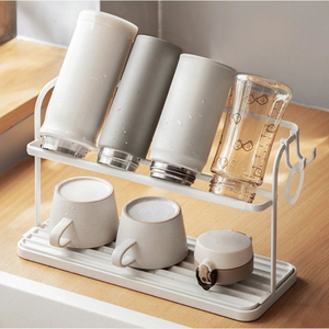 White Steel Two Tier Cup Drying <b>Rack</b> With Drainer Tray Space Saving Kitchen Countertop Organizer For Mugs Glasses And Bottles - Product Image 3
