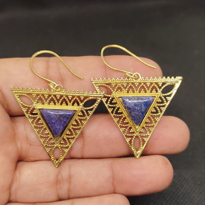 Natural Lapis Lazuli Bohemian Drop <b>Earrings</b> Handmade gold Plated Brass Blue Gemstone Dangle <b>Earrings</b> High Quality Unique - Product Image 1
