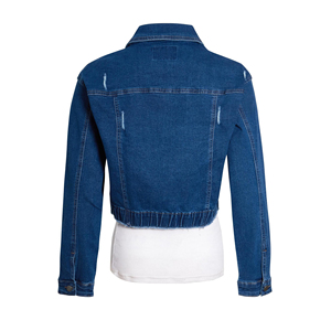 Women <b>Cropped</b> Blue <b>Denim</b> <b>Jacket</b> Elastic Hem Button Front Long Sleeve Casual Fashion Jean Outerwear - Product Image 3