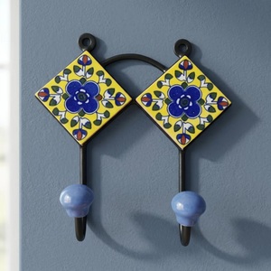 Ceramic Tile Wall <b>Hook</b> Set 2 <b>Hooks</b> Floral Pattern Vintage Style Blue Yellow <b>Decorative</b> <b>Coat</b> Hanger Adjustable Waterproof - Product Image 1