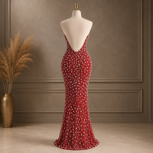 Luxury <b>Red</b> Crystal Mermaid Gown | Strapless Sweetheart Neck Evening Dress | Designer Rhinestone Party Wear for Women Wedding - Product Image 5