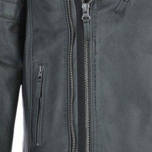 Veste de moto classique respirante en cuir de vache véritable pour femme, col montant, manches longues, fermeture éclair, noir uni - Product Image 5