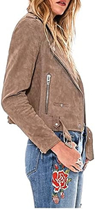 Women's <b>Suede</b> Moto <b>Jacket</b> Full Sleeve Zipper Closure Solid Color Autumn Style Slash Neck Design - Product Image 3