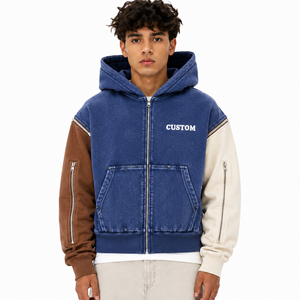 Trendy Vintage Blue Color Block Heavy Fleece Detachable Sleeve Zipper <b>Hoodie</b> Men Streetwear Boxy <b>Cropped</b> <b>Zip</b> <b>Up</b> Vest Hoodies ODM - Product Image 1