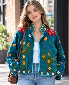 Veste en velours vert sarcelle pour femme, col montant, fermeture éclair, broderie florale cactus, style Prairie Chic, veste brodée florale à fermeture éclair - Product Image 1