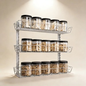 3 Layer Wall Mounted Spice <b>Rack</b> <b>Kitchen</b> Organizer Metal Wooden <b>Storage</b> Shelf Spice Jar Holder Modern <b>Kitchen</b> Decor From India - Product Image 3