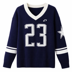 เสื้อเจอร์ซีย์กีฬาคอวีทรงโอเวอร์ไซส์ พรีเมียม ผ้าถัก ดีไซน์ตัวเลข สตรีทแวร์ แขนยาว แบบสวม ยูนิเซ็กส์ ผ้าตาข่าย ลายอเมริกันฟุตบอล - Product Image 5