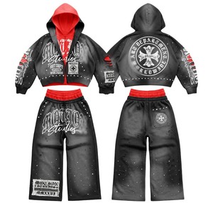 Custom Tracksuit OEM ODM Manufacturer 100% Cotton Acid Wash Double Layer Rhinestone Hoodies and Wide Double Waist <b>Sweatpants</b> <b>Set</b> - Product Image 2