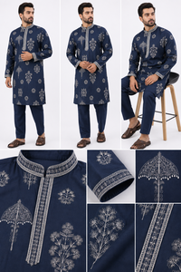 Mens Ethnic Blue Printed Cotton Kurta Pajama <b>Set</b> Embroidered Neck Indian Traditional Festival Outfit Wholesale Supplier B2B - Product Image 4