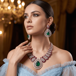 Antique Gold Tone Emerald Ruby Crystal <b>Choker</b> Necklace Set <b>for</b> <b>Women</b> Traditional Wedding Party Festive Jewelry Collection - Product Image 5
