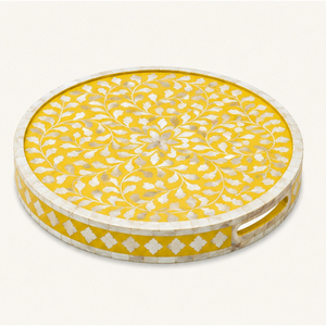 Luxury Yellow Mother of Pearl Inlay Tray Round Wooden <b>Mosaic</b> Serving Platter Floral Resin Decorative Tray with Cutout Handles - Product Image 3