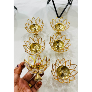 Elegant Crystal Lotus <b>Tealight</b> Candle Holder | Golden Metal Votive for Diwali Puja & Weddings | Decorative Floral Diya Stand - Product Image 3