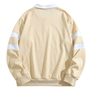 Chemises polo pour hommes personnalisées, tendance, à rayures beiges et blanches, manches longues, respirantes, séchage rapide, coupe décontractée, vente en gros, col blanc - Product Image 2
