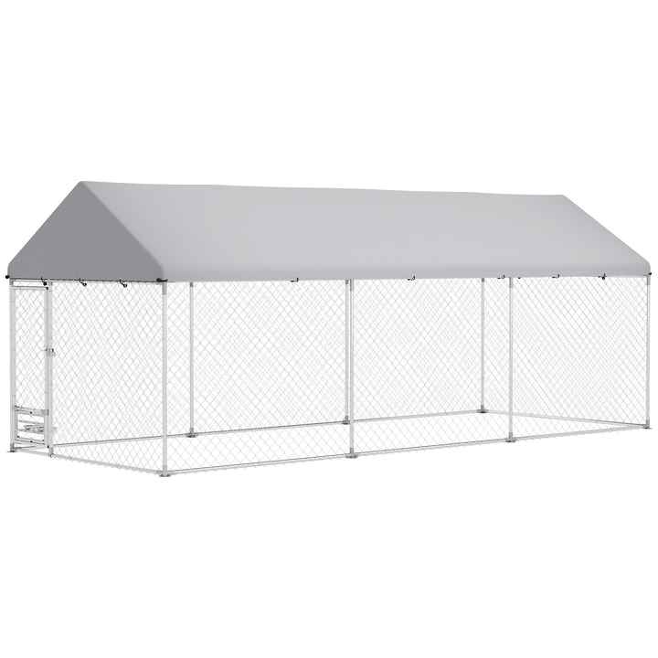 Outdoor Dog Kennel with Adjustable Rotatable Bowl Rack Waterproof UV-Resistant Cover Secure Lock 19.7' X 7.5' X 7.5'-Pet Cage