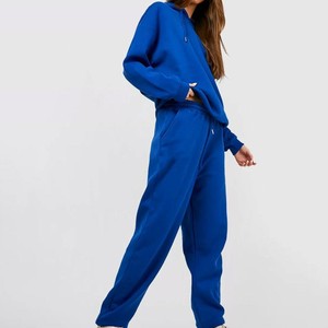 Ensemble de survêtement bleu à capuche pour femme, coupe décontractée, sweat-shirt et pantalon de couleur unie à manches longues avec poches latérales, vêtements d'automne - Product Image 2