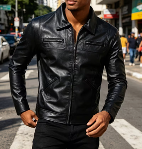 <b>Men's</b> Black Cowhide <b>Leather</b> Bomber <b>Jacket</b> Turn-down Collar Zipper Closure Slim Fit Regular Length Solid Color Winter Wear - Product Image 1