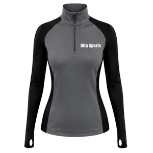 Haut de sport athlétique pour femme, gris anthracite et noir, à quart de zip, manches longues, avec passe-pouce, coupe ajustée, pour la course et la gym - Product Image 1
