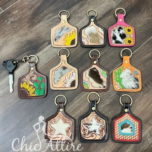 New Manufacturer Tooled Leather Cowhide Keychain White Sunflower Western Key Fob Rustic Floral Car Key Holder Gift for Unisex - Product Image 1