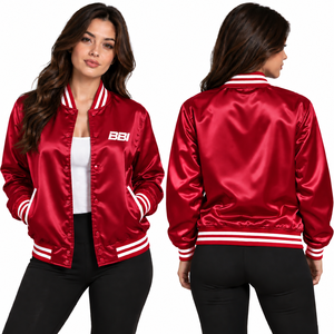 Chaqueta de satén para mujer con ribetes rojos y azules, cierre frontal con broches, cuello tricolor, cortavientos azul cielo, abrigo sedoso, venta al por mayor, directo de fábrica, OEM - Product Image 6