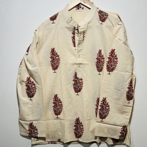 Kurta Corta de Manga Larga para Hombre, 100% Algodón Beige, Calidad Premium |   Estampado Floral Hecho a Mano, Estilo Tradicional, Transpirable - Product Image 3