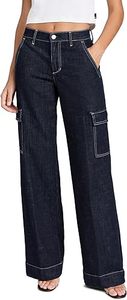 Jeans Cargo de Cintura Alta para Mujer, Lavado Oscuro, Corte Holgado, Largos, de Algodón Transpirable, Ecológicos, con Bolsillos, Estilo Casual, para Verano - Product Image 6