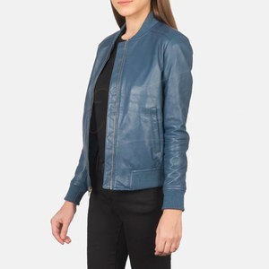 Women Blue Genuine Leather <b>Bomber</b> <b>Jacket</b> Slim Fit Premium Sheepskin Casual Winter Outerwear Fashionable Zip Up Flight Coat - Product Image 5