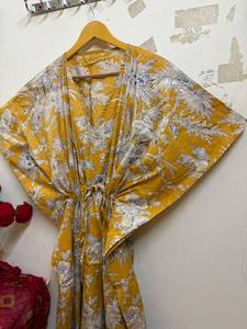 Women's Orange Floral Print 100% Cotton Maxi V-neck Batwing Sleeve Drawstring Casual <b>Kaftan</b> Dress Beachwear & Resort Wear <b>Summer</b> - Product Image 5