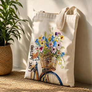 Bolsa de Lona Premium con Diseño Floral de Bicicleta Impreso Digitalmente y Bordado, Bolsa de Compras Reutilizable, Fabricante - Product Image 6