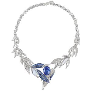 Collar de zafiro chapado en rodio para mujer con diseño de hoja con diamantes incrustados, conjunto de joyería clásico para boda - Product Image 1