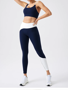 Women's 2 Piece Yoga Set Navy <b>Blue</b> Contrast White Seamless High Waist Leggings Crop Top Racerback Sports <b>Bra</b> Full Length - Product Image 6