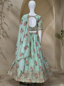 Mint <b>Green</b> <b>Silk</b> Indian Pakistani Set Lehenga Choli Dupatta V Neck Floor-Length Festive Wedding Outfit - Product Image 4