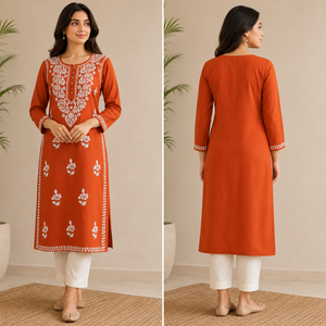 Kurti indien exclusif en georgette Chikankari – Robe longue ethnique orange brodée de fleurs pour femmes, tenue de fête - Product Image 2