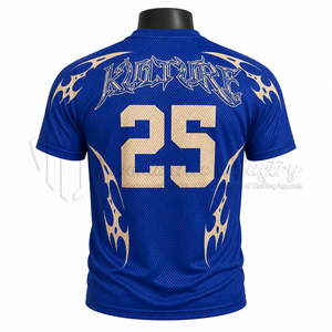เสื้อฟุตบอลสีน้ำเงินแบบกำหนดเองสำหรับผู้ชาย แขนสั้น ผ้าตาข่าย ระบายอากาศได้ดี ทรงแอธเลติก พิมพ์ลายสีทอง คอกลม เสื้อกีฬา - Product Image 2