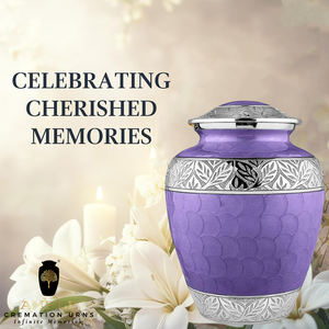 Urne funéraire en métal finition perle violette pour cendres humaines adultes |   Bandes décoratives en argent gravées |   220 pouces cubes écologiques - Product Image 6