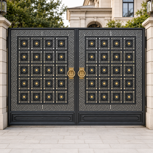 Portail de sécurité de luxe noir en métal à motif grec avec accents dorés, design orné pour entrée de villa à double porte pour la maison - Product Image 1