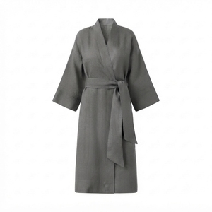 Robe de chambre en coton pour femme avec ceinture, col en V, manches trois quarts, longueur intégrale, tissée, pour le sommeil, le spa et la maison, respirante - Product Image 2