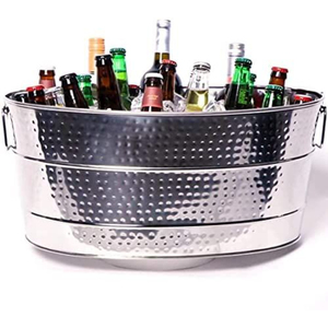 Oval Shape Hammered Metal Steel Wine Cooler Silver Finished Champagne Ice Bucket With Handle For <b>Bar</b> and Party Beer Chillers - Product Image 1